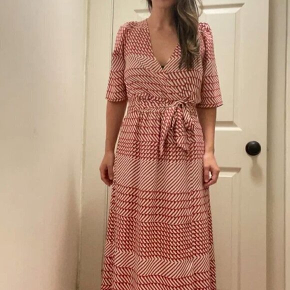 Joie Cata Wrap Dress 10 Midi Red Patchwork Pattern Stripe - Picture 3 of 15